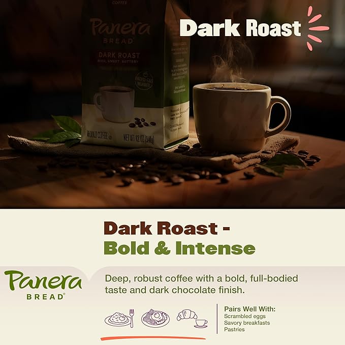 Panera Dark Roast Ground Coffee - Bold Breakfast Brew with Dark Chocolate Finish - 100% Arabica Beans Sustainably Sourced - Kosher Dairy-Free - Cafe Quality for Home Brewing 12oz Bag Pack of 6 (72o