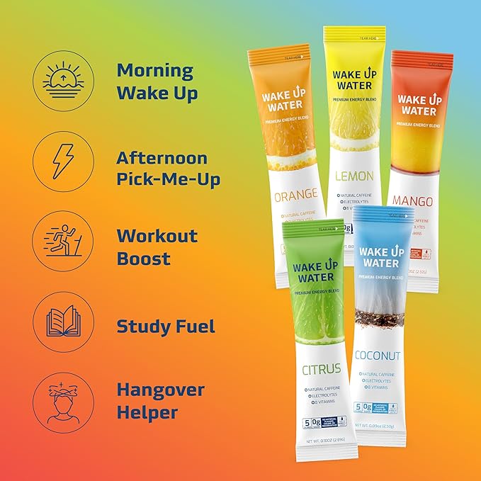 Wake Up Water Energy Drink Mix Sugar Free Clean Energy Powder with Electrolytes &amp B Vitamins Natural Caffeine for Focus &amp Hydration (15 Pack) - Variety