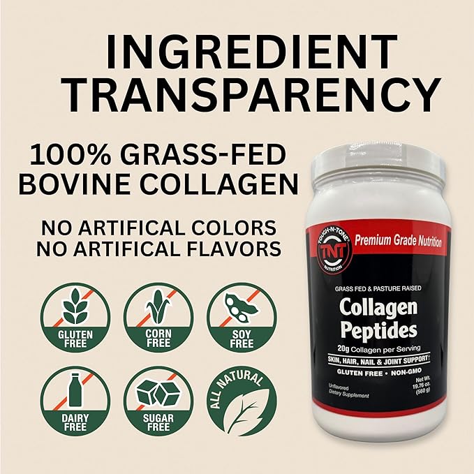 TOUGH-N-TONE Collagen Peptides Powder – Grass-Fed 280g | 20g Protein per Serving Unflavored Non-GMO Gluten-Free Dairy-Free No Sweeteners or Fillers – Supports Skin Hair &amp Digestive Health