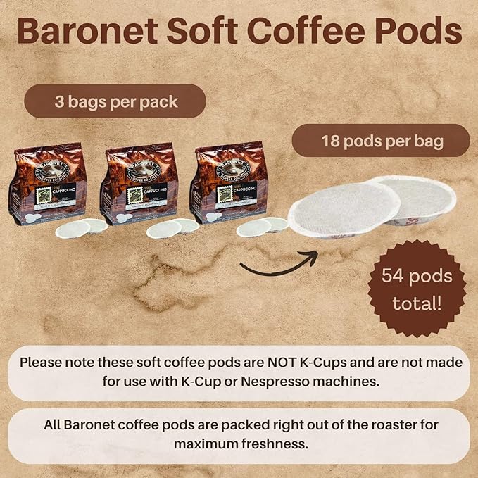 Baronet Coffee Pods [Cappuchino -54 Pods] Single Cup Use for Senseo Machine - 3 Bags of 18 Single Serve 8 Gram Regular Strength Medium Roast [Cappuchino]
