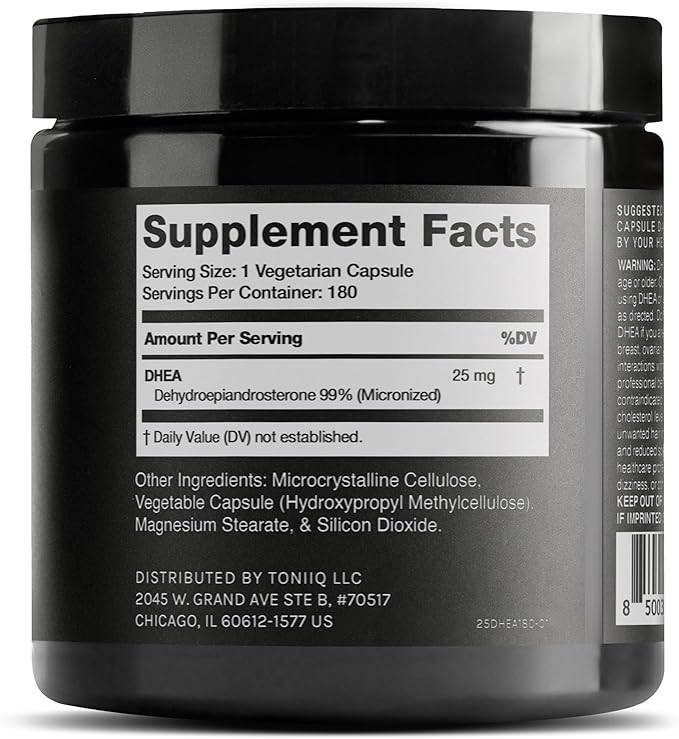 Toniiq Ultra High Strength DHEA 25mg Supplement for Men - 99%+ Highly Purified and Bioavailable Micronized DHEA Supplement for Women and Men - DHEA 25 mg - 180 Capsules