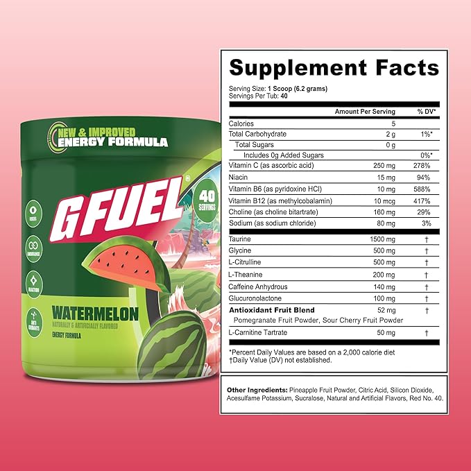 G Fuel Watermelon Energy Drink Powder Pre Workout Caffeine Mix for Gaming Sugar Free Focus Amino Vitamin + Antioxidants 9.9oz (Watermelon 40 Servings)