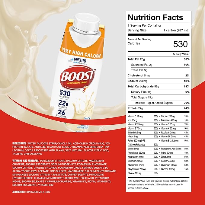 Boost Very High Calorie Vanilla Nutritional Drink – 22g Protein 530 Nutrient Rich Calories 8 Fl Oz (Pack of 24)