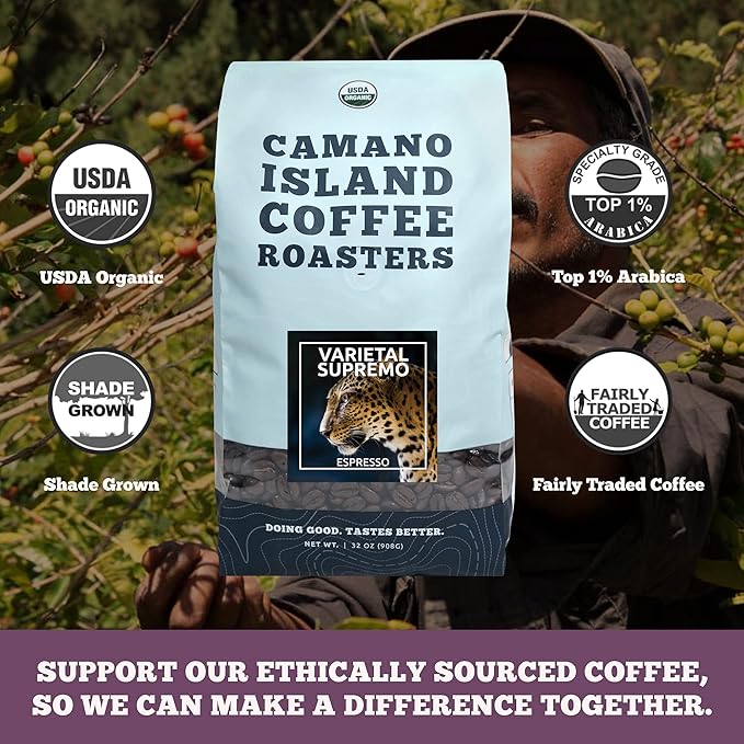 Camano Island Coffee Roasters Varietal Supremo Espresso Blend Ground 2lb Fresh Dark Roast USDA Organic Fairly Traded Shade Grown Arabica Chocolate Caramel Hint of Spice Flavor Profile