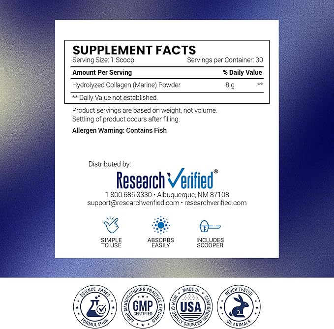 Research Verified® Collagen Powder - Hydrolyzed Marine Collagen Peptides - Unflavored - Skin Hydration and Elasticity Muscle Recovery Non GMO - 30 Scoops Per Container - 3 Month Supply