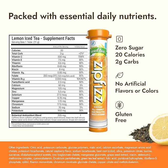 Zipfizz Daily Energy Drink Powder Lemon Iced Tea 20 Pack | 3-in-1 Sustained Energy Rapid Hydration and Essential Vitamins | Sugar-Free | Electrolyte Powder | Contains Vitamin B-12 &amp Antioxidan