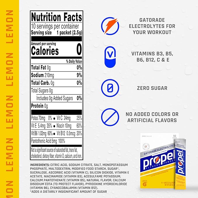 Propel Electrolyte Enhanced Water Drink Mix Powder Packets Lemon Zero Calorie &amp 0 Sugar Hydration with Electrolytes and Vitamins C &amp E (120 Packets)