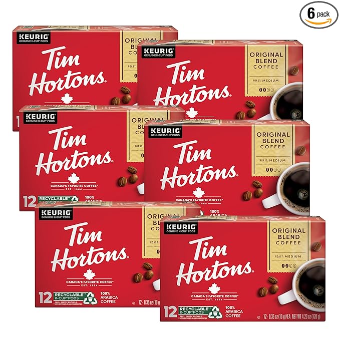 Tim Hortons Original Blend Medium Roast Coffee Single-Serve K-Cup Pods Compatible with Keurig Brewers 72ct K-Cups 12 Count (Pack of 6)