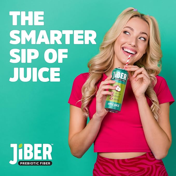 JIBER High Fiber Apple Juice Drink - No Sugar Added - 12 fl oz Apple Juice Cans with 40% Daily Fiber - Prebiotic Drink- Healthy Drinks for Kids - Juice for Teens Adults &amp Seniors (12 Pack)