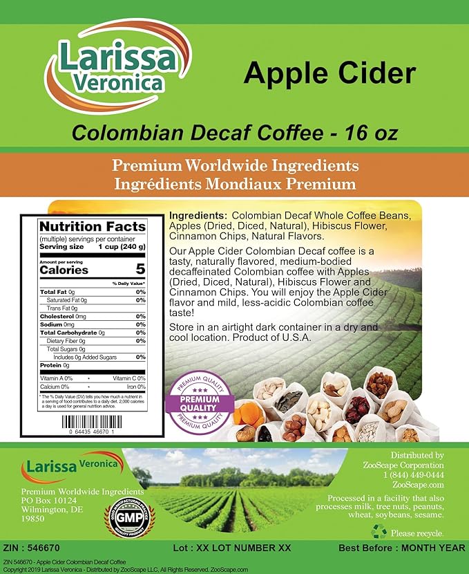 Apple Cider Colombian Decaf Coffee (Gourmet Naturally Flavored Whole Coffee Beans) (16 oz ZIN: 546670) - 2 Pack
