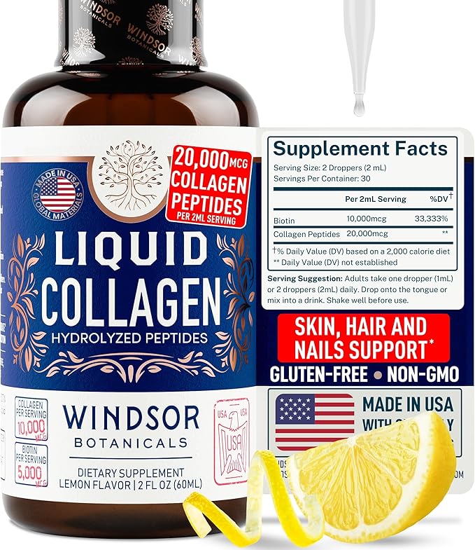 Concentrated Liquid Collagen Peptides Supplement - 30000mcg Hydrolyzed Liquid Collagen for Women plus Biotin Hair Skin Nail Support - Sublingual Direct Drops or in Drinks - Natural Lemon Drink 2 oz
