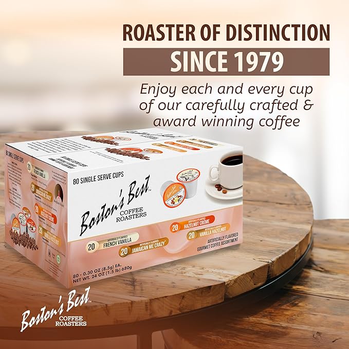 Boston’s Best Coffee Roasters Single Serve Cups - Assorted Coffee Pods – French Vanilla Jamaican Me Crazy Hazelnut Crème &amp Vanilla Hazelnut – 80 Ct