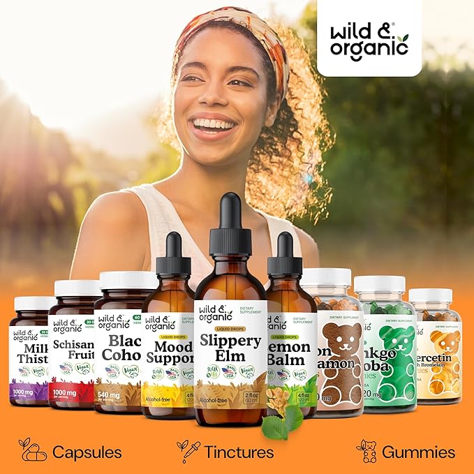 Wild &amp Organic Slippery Elm Drops - Lung Digestive &amp Women's Support - Slippery Elm Bark Tincture - Add to Tea Liquid Extract - Ulmus Rubra Supplement - Vegan Sugar &amp Alcohol-Free - 2 fl