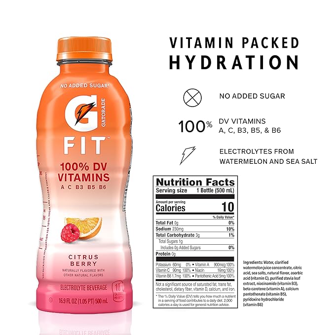 Gatorade Fit Electrolyte Beverage Healthy Real Hydration Citrus Berry 16.9.oz Bottles (12 Pack)