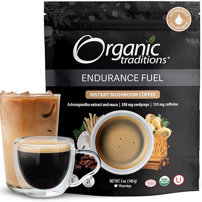 Organic Traditions Endurance Fuel Mushroom Coffee Instant Coffee with Cordyceps Ashwagandha and Maca Rich Mocha Flavor Plant Based Superfood Coffee Alternative 10 Servings 280g / 10oz