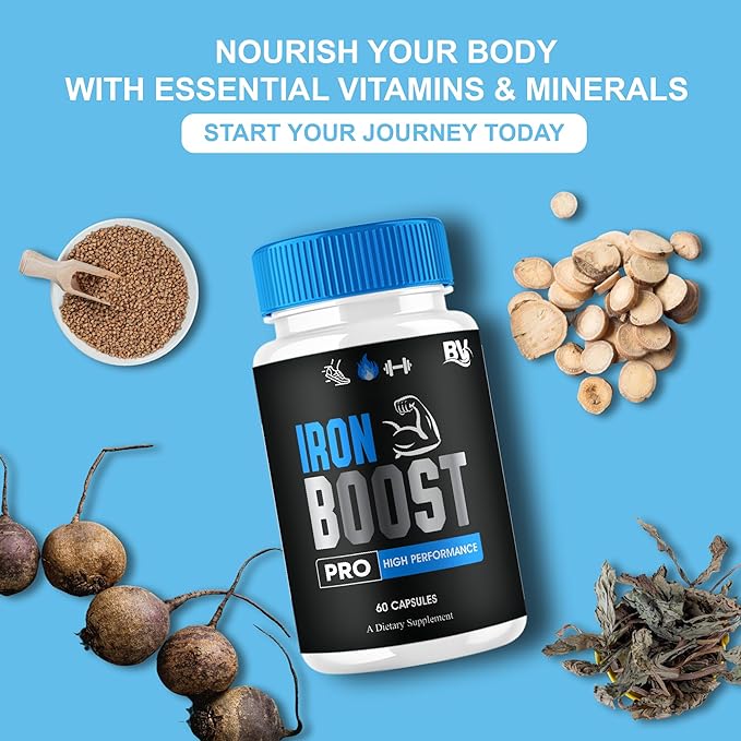 Iron Boost Pro Premium Supplement Capsules Iron Boost Advanced Health Supplement Pills Iron Boost Premium Daily Advanced Health Support and Overall Wellness Formula by Blue Vibe (60 Capsules)