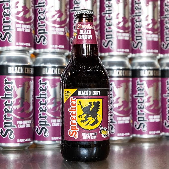 Sprecher Black Cherry Soda in 16 fl oz Glass Bottles (12 Pack) Fire Brewed Craft Cherry Soda with Real Honey Naturally Flavored Caffeine Free Soft Drink