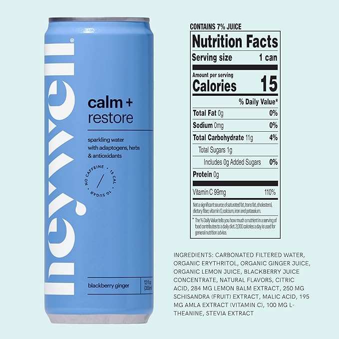Heywell Sparkling Adaptogenic Water Calm and Restore Blackberry Ginger Flavor 12 Fluid Ounce (Pack of 12) - Non Caffeinated Organic Non GMO Vegan Gluten Free Dairy Free