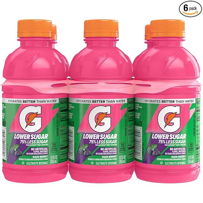 Gatorade Lower Sugar Electrolyte Sports Drink Rain Berry 12 fl oz Bottles (6 Pack) 75% Less Sugar No Artificial Flavors No Artificial Sweeteners No Artificial Colors Hydration