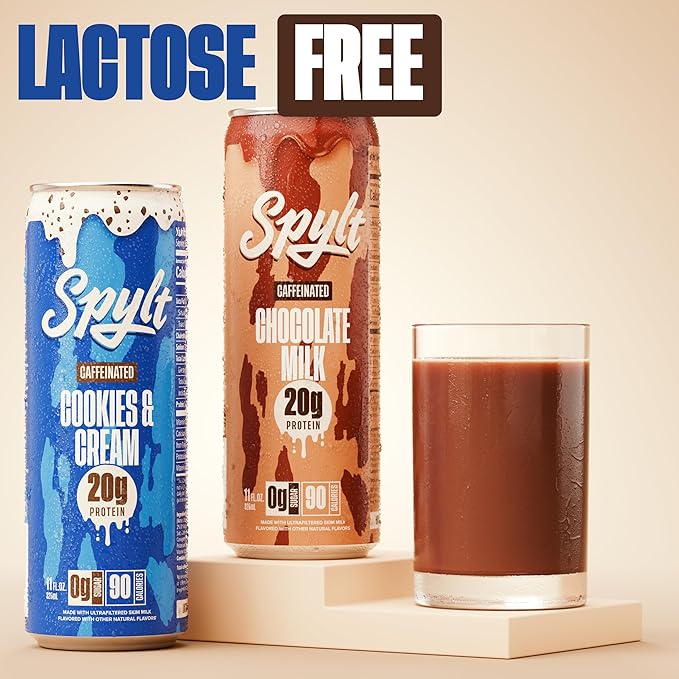 Spylt High Protein Chocolate/Cookies &amp Cream Milk with 60mg Caffeine &amp 20g Protein - 90 Calories Ready to Drink Sugar Free Lactose Free Milk Perfect for Workout Recovery &amp Afternoon Pi
