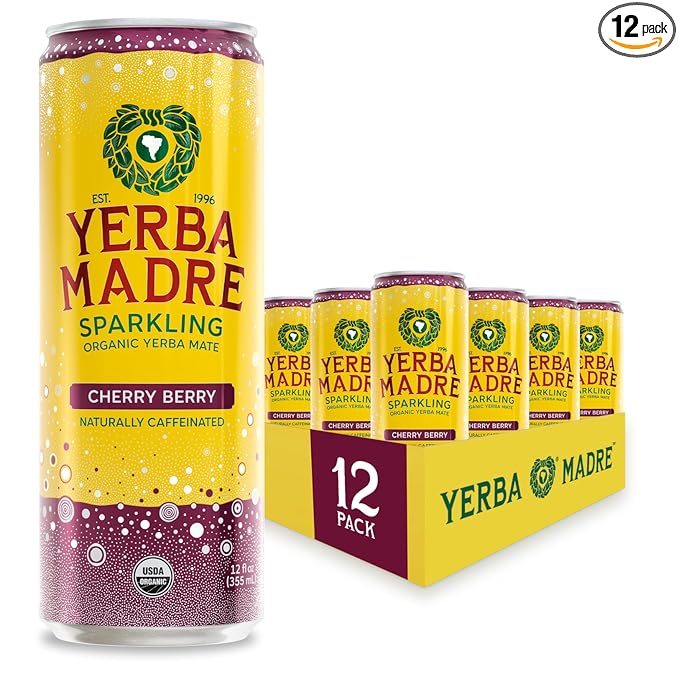 Yerba Madre Organic Sparkling Yerba Mate Cherry Berry 115mg Natural Plant Based Caffeine Smooth Energy &amp Focus Carbonated 12oz Cans (Pack of 12)
