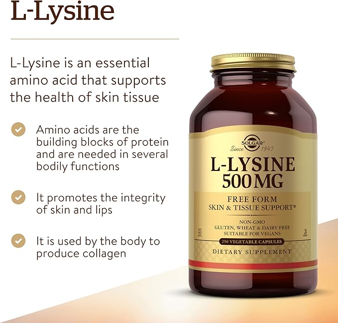 Solgar L-Lysine 500 mg 250 Vegetable Capsules - Enhanced Absorption &amp Assimilation - Promotes Integrity of Skin &amp Lips - Collagen Support - Amino Acids - Non-GMO Vegan Gluten Free