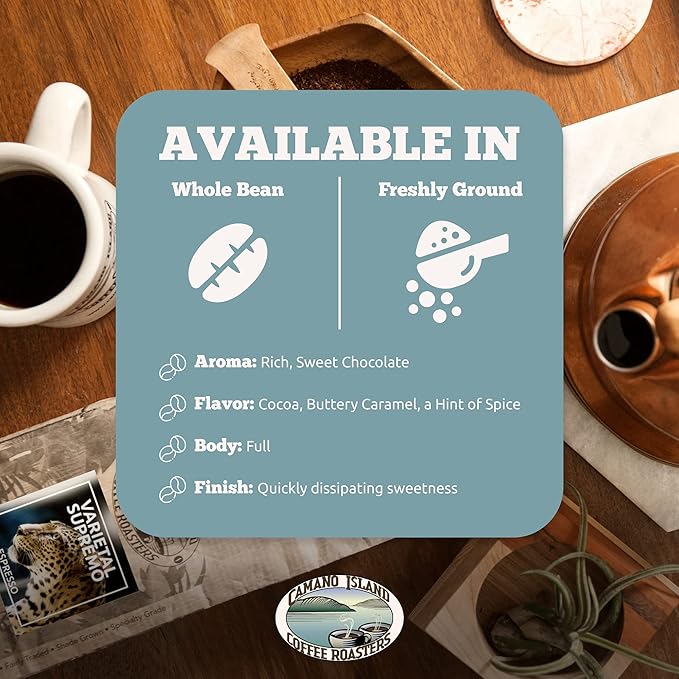Camano Island Coffee Roasters Varietal Supremo Espresso Blend Ground 1lb Fresh Dark Roast USDA Organic Fairly Traded Shade Grown Arabica Chocolate Caramel Hint of Spice Flavor Profile