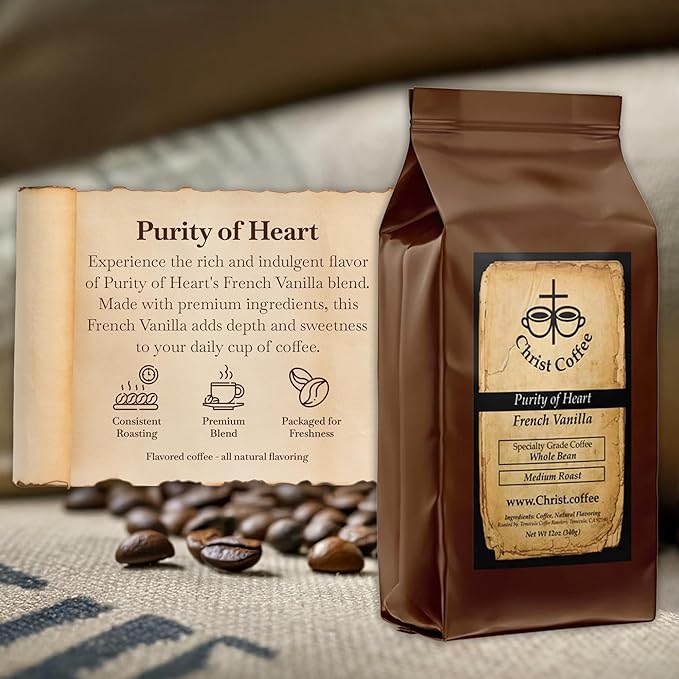 Christ Coffee Purity of Heart French Vanilla Ground Bean | Smooth and Creamy Flavor Perfect for Daily Brew | Freshly Roasted Rich Aroma 16 oz Bag