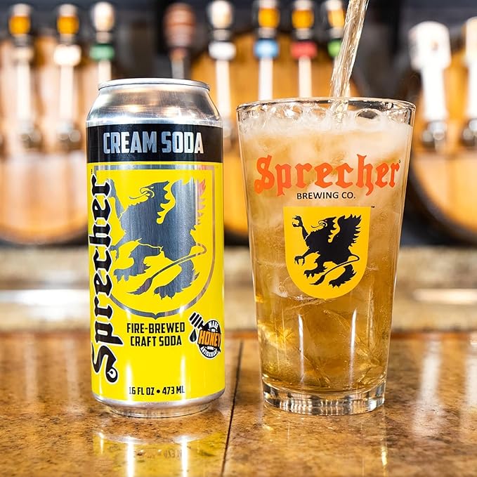 Sprecher Cream Soda in 16 fl oz Cans (12 Pack) Fire-Brewed with Real Honey Rich Vanilla Honey Flavor Handcrafted Caffeine-Free Gourmet Beverage
