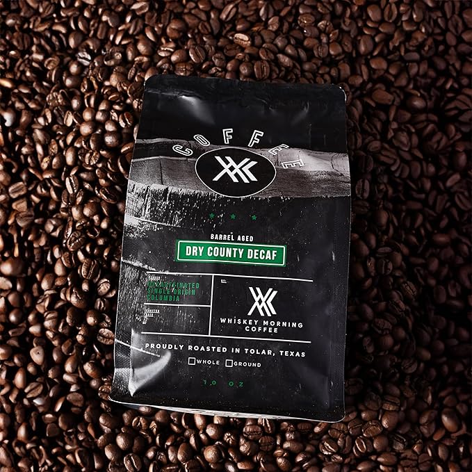 Whiskey Morning Coffee Bourbon Barrel Aged Whiskey Decaf Coffee Whole Bean Medium Roast 100% Arabica Specialty Grade Non-Alcoholic Whiskey Infused Small Batch Texas Roasted 10 oz Bag