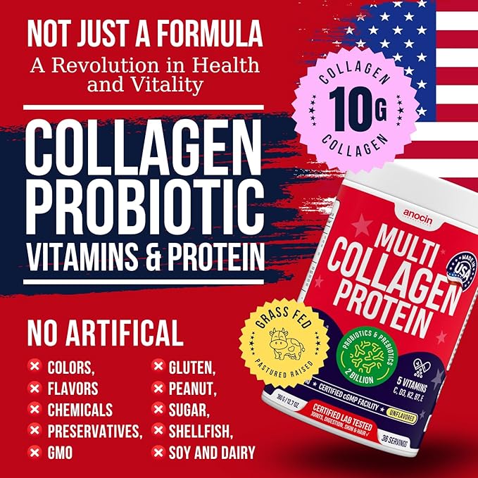Multi Collagen Peptides w/Prebiotic + Probiotics + Type I II III V X + Hydrolyzed Collagen Powder w/Vitamin C+D3+B7+K2+E Hyaluronic Acid Supports Skin Hair Nail Joint Grass-Fed Non-GMO