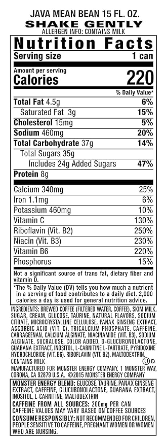 Monster Energy Java Monster Mean Bean Coffee + Energy Drink 15 Ounce | Pack of 12