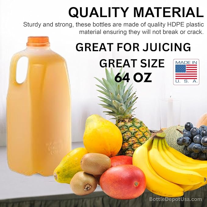 FIJIAN MADE 64 Oz Jugs Juice Bottles (Pack Of 6 x 64 Oz Ea) With Orange Tamper Evident Screw Caps – Great for Homemade Juices Milk Smoothies Tea and Other Beverages - Food Grade BPA Free