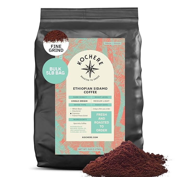 Ethiopian Sidama Coffee Beans - Single Origin Medium Light Roast Freshly Roasted To Order Fine Espresso Grind Coffee Specialty Grade Fair Trade and Non-GMO Chocolate and Fruity Notes - 5LB