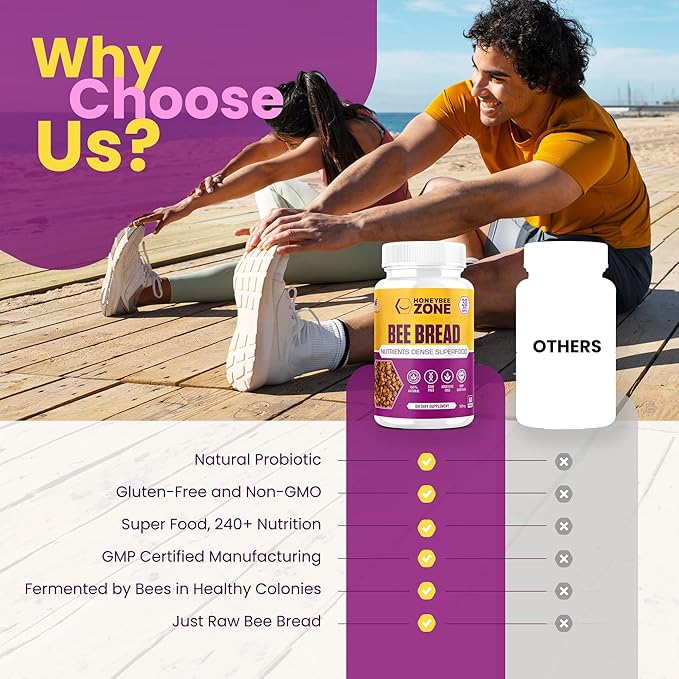 HONEYBEEZONE-Bee Bread Capsules – Nutrient-Rich Superfood for Energy Boost Immune Support Supplement | Non-GMO Gluten-Free 60 Easy-to-Swallow Veggie Capsules