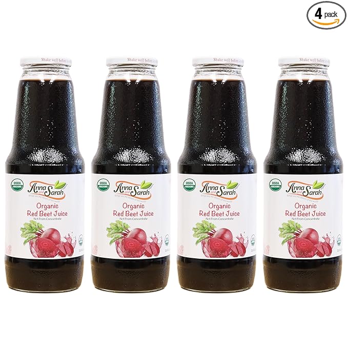Anna and Sarah 33.8 Oz Organic Red Beet Juice - Glass Bottle (4 Pack) No Sugar Added No Artificial Colors No Preservatives No Flavors AddedNOT from Concentrate