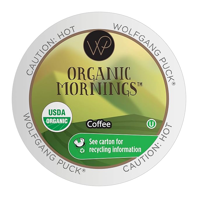 Wolfgang Puck Organic Mornings Fair Trade Organic Medium Roast Coffee Keurig K-Cup Brewer Compatible Pods 100 Count (Pack of 1)