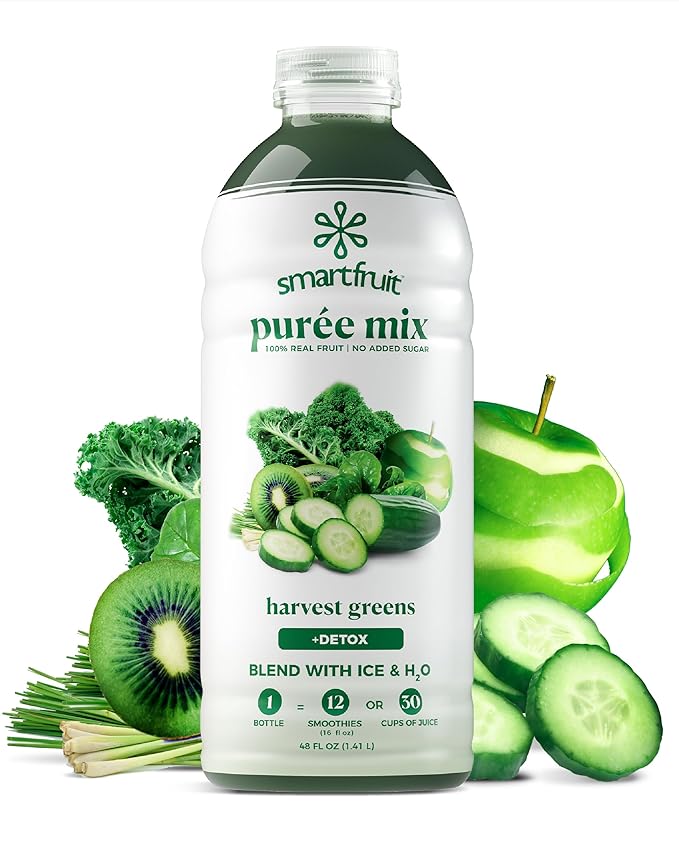 Smartfruit Harvest Greens + Detox – 100% Real Fruit Purée with Kiwi Cucumber Kale Spinach Lemongrass Apple Banana – Great for Smoothies Juice Yogurt Cocktails Teas &amp More – 48oz