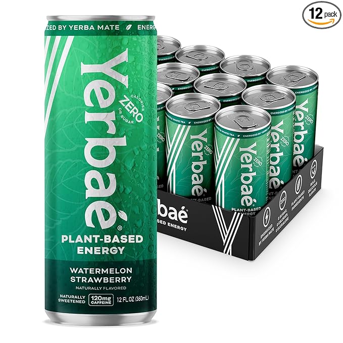 Yerbaé Energy Beverage Watermelon Strawberry 120mg Caffeine. No Sugar/Calories/Carbs Energized by Yerba Mate Plant-Based Healthy Alternative to Sugary Drinks Pack of 12 12oz cans