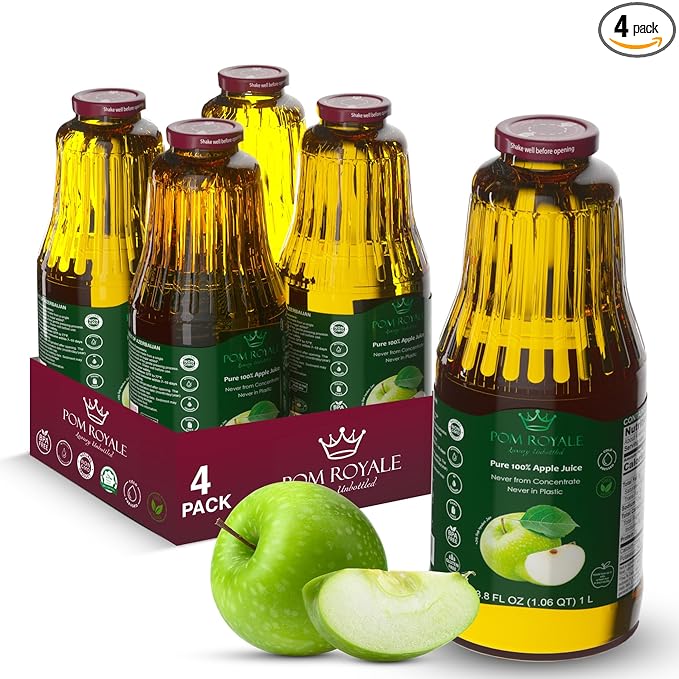 Pure Apple Juice 33.8oz Glass Bottle (Pack of 4) Cold Pressed Juice Not from Concentrate Non-GMO No Sugar Added Gluten Free Kosher Certified Preservative Free