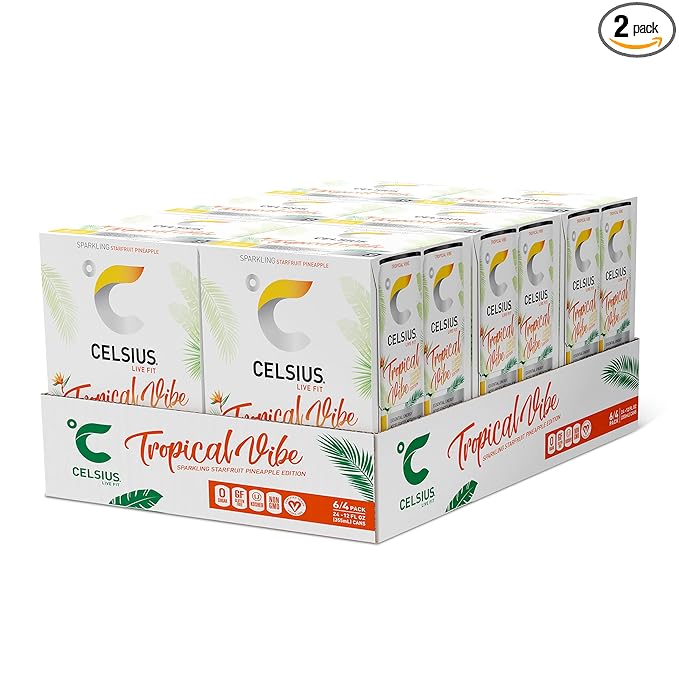 CELSIUS Sparkling Tropical Vibe Functional Essential Energy Drink 12 Fl Oz (Pack of 24)
