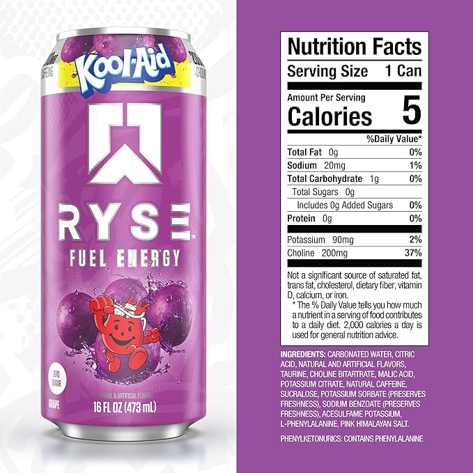 RYSE Fuel Energy Drink - Kool-Aid Grape - Sugar Free Gluten Free &amp Vegan - 200mg Natural Caffeine Taurine &amp Choline for Focus &amp Energy - No Artificial Colors - 16 fl oz Cans (12-Pack)