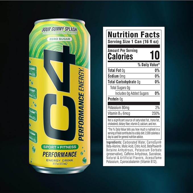 Cellucor C4 Energy Carbonated Zero Sugar Energy Drink Pre Workout Drink + Beta Alanine Sour Gummy Splash 16 Fl Oz (Pack of 12)