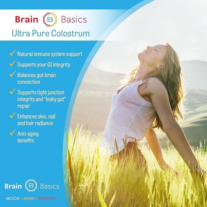 Brain Basics Ultra-Pure Colostrum 4000mg per Serving Min 25% IgG antibodies Gut-Brain-Immune Health Glowing Hair and Skin. Colostrum Powder from Grass-Fed Cows. 360 Grams - 90 Servings