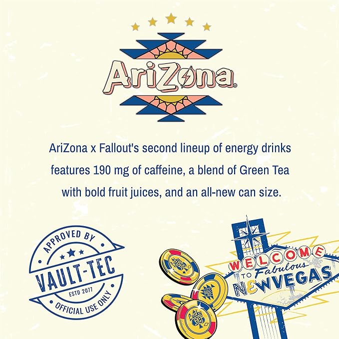 AriZona x Fallout Green Tea Energy Drink Variety Pack - 6 Flavors 15 fl oz (Pack of 12) - 190mg Caffeine per Can