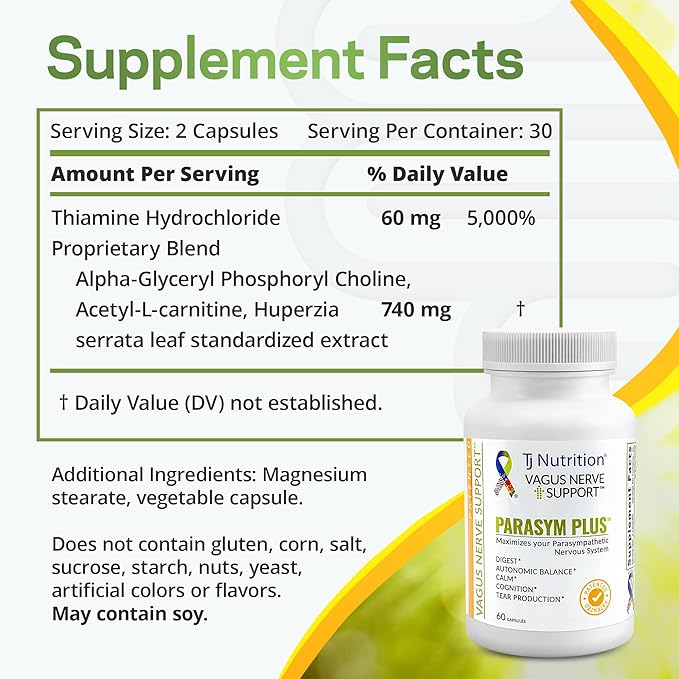 Parasym Plus Vagus Nerve Support Patented Digestive Nutritional Supplements Energy Booster for Men and Women Memory Supplement for Brain Gentle Immune System Support 60 Capsules