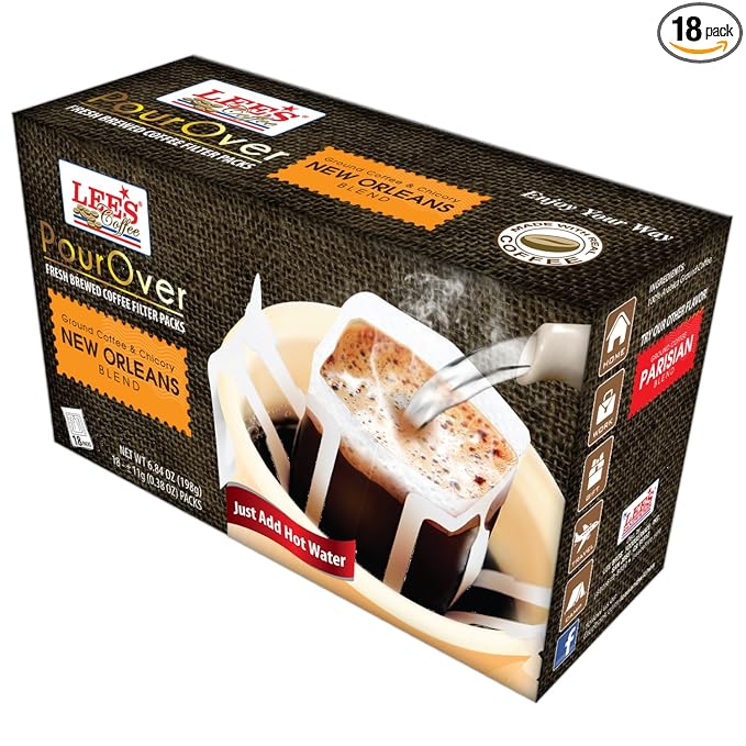Lee's Coffee Pourover Fresh Ground Filter Packs New Orleans Blend  18 Count -Packaging may vary