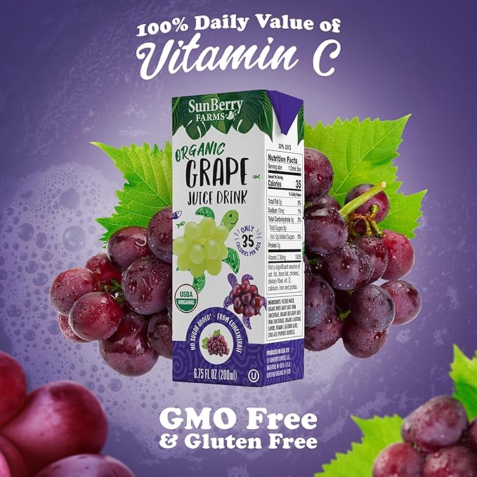 Sunberry Farms Organic Grape Juice Drink – 32 Pack (6.75 fl oz Each) | USDA Organic | No Sugar Added | Gluten-Free | GMO-Free | Preservative Free | Excellent Source of Vitamin C