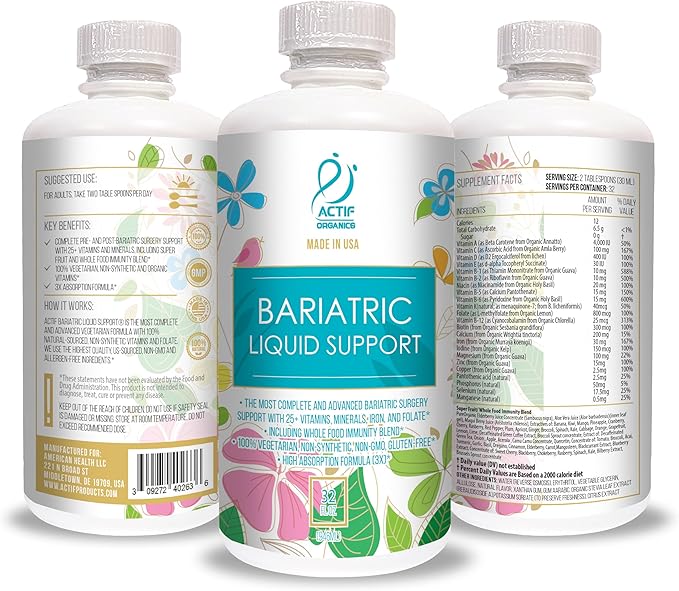 Actif Organic Bariatric Liquid Support With 25+ Organic Vitamins And Minerals For Bariatric Surgery Advanced Formula Non GMO 32 Oz