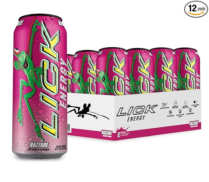 LICK Energy Drink - Zero Sugar No Crash Green Tea Caffeine (180mg) with Antioxidants and Vitamins A B6 B12 and C 16oz (12pk) - Razzade/Raspberry Lemonade